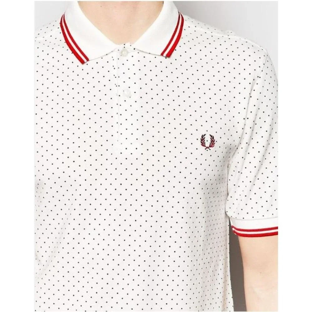 Fred Perry Mens Short Sleeve White Black Dot Red Slim Fit Mens Cotton Polo L - Picture 1 of 6
